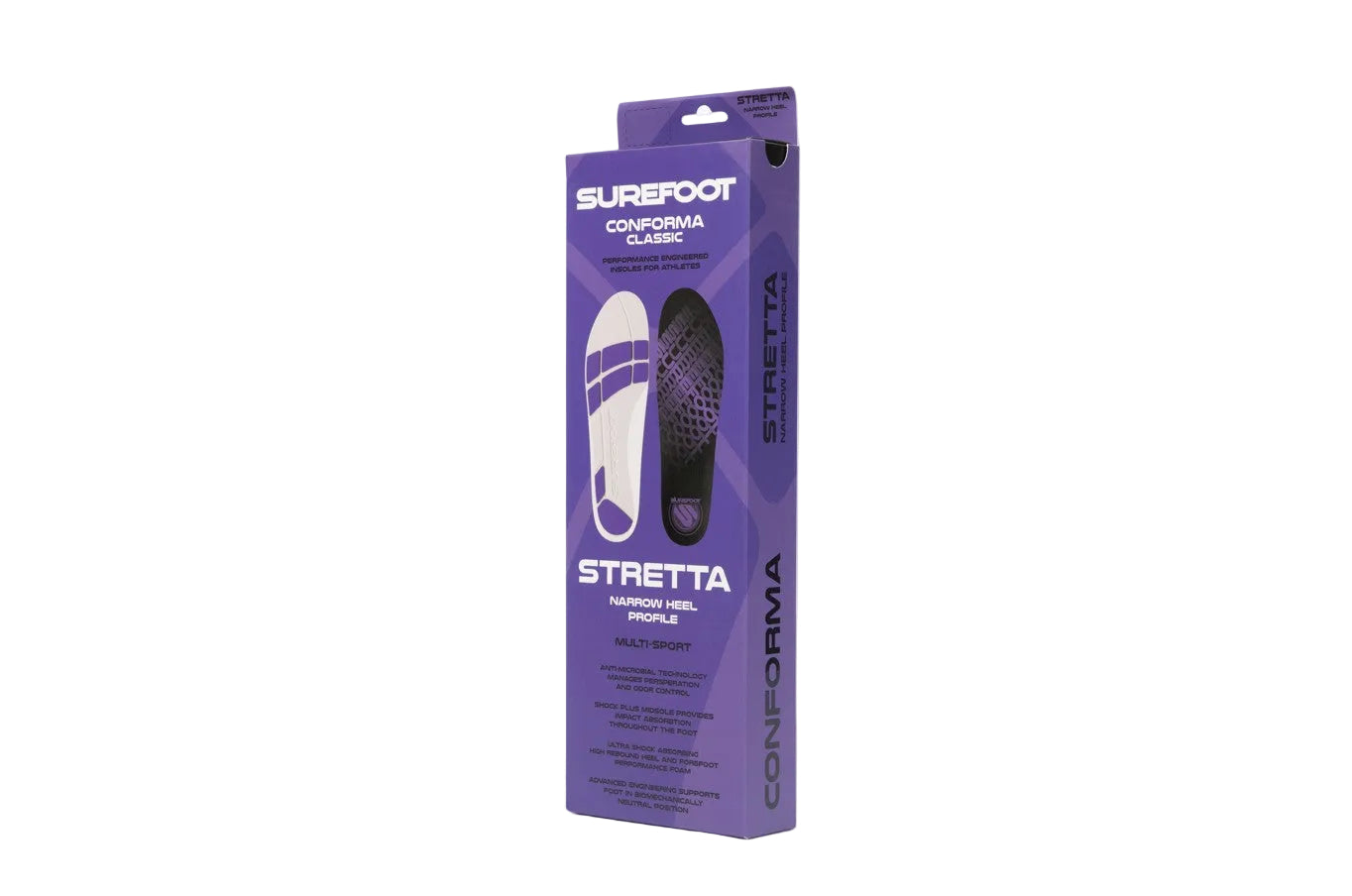 the box for the insoles is purple with a graphic of the insole, the word STretta written on it and other descriptive tet.