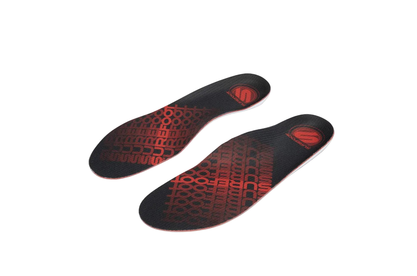 Highest arch insoles with a black covering, the logo Surefoot is on it in Red