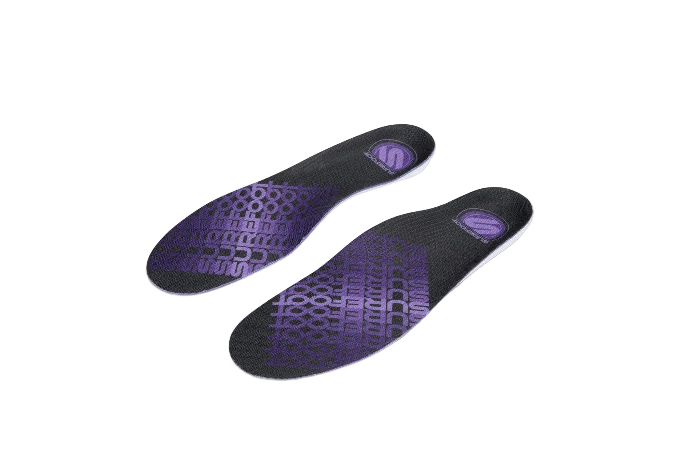 two insoles with black and purple top cover. Surefoot is written and branded on the top in purple
