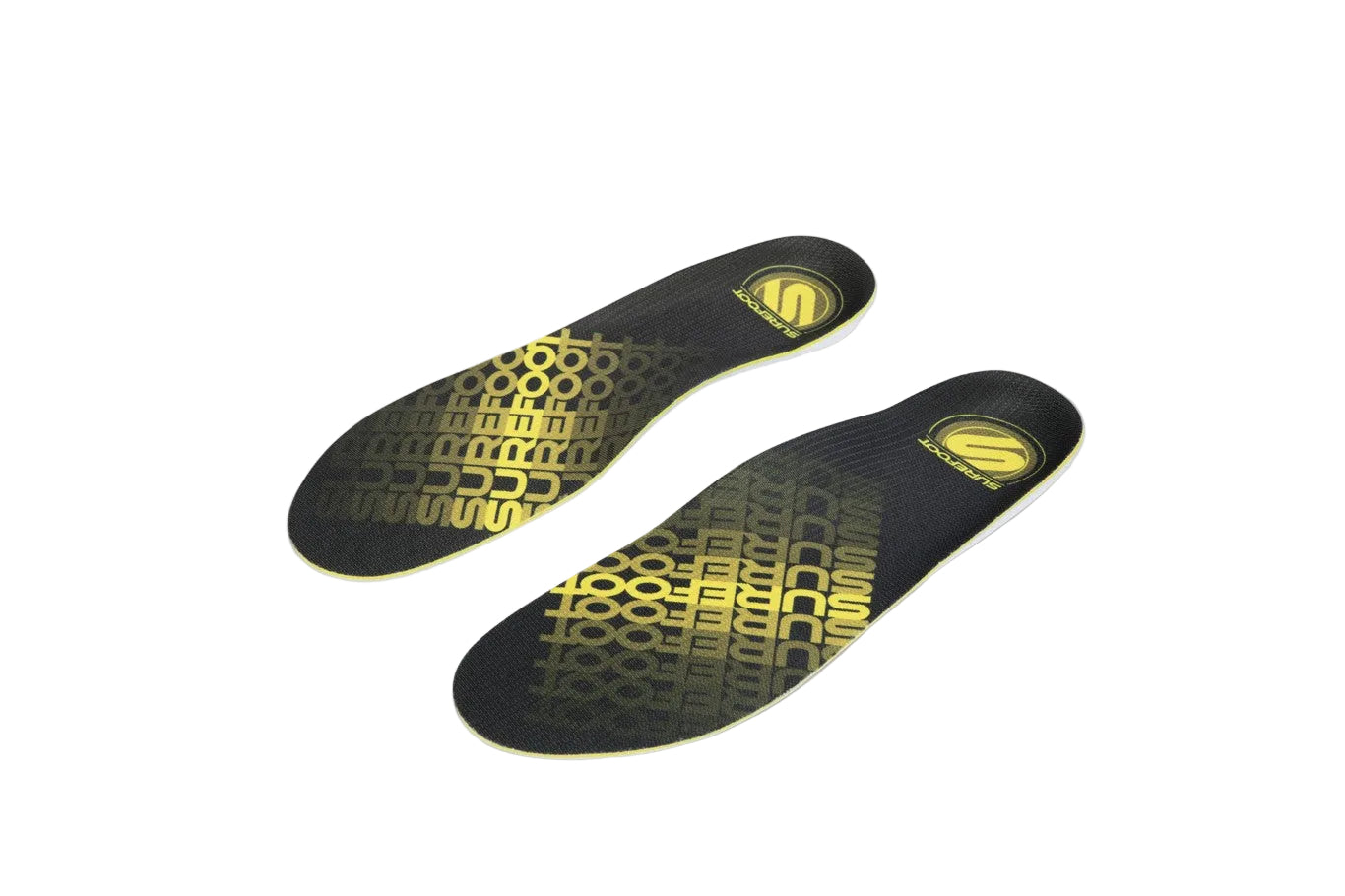 basso insoles have black top sheet with yellow text that says Surefoot