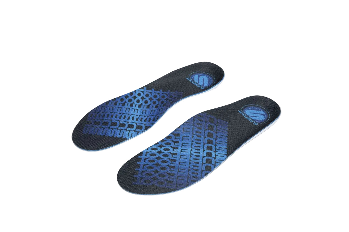 two insoles with black top cover and blue words that say Surefoot