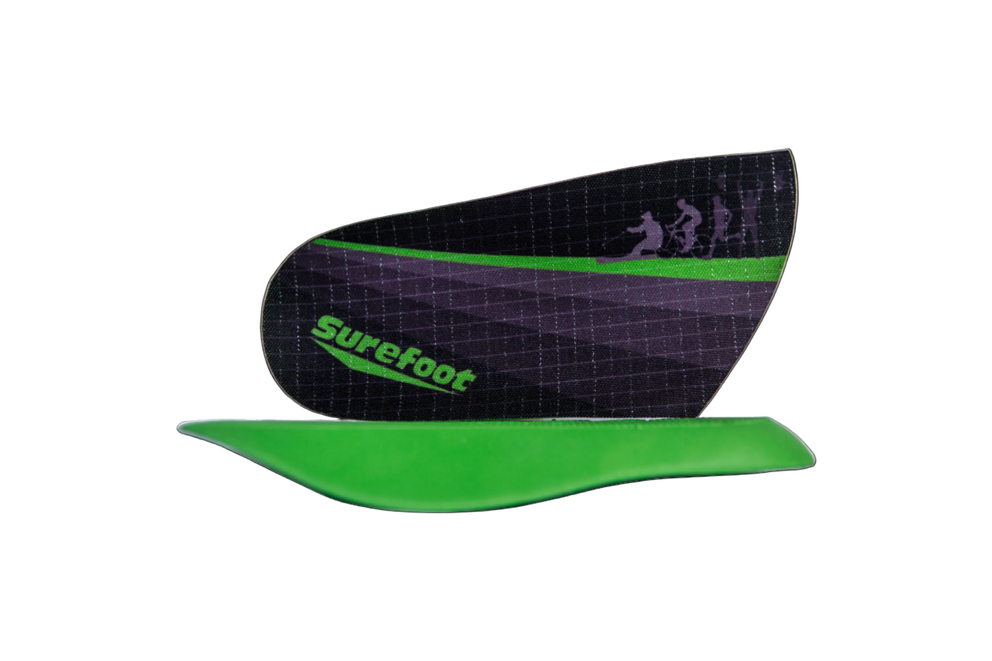 A green and purple Conforma 3QTR insole designed for low volume footwear, showing the product's contour and the brand name 'Surefoot' on the purple section.